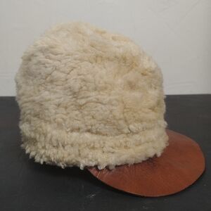 Vintage 1940s WWI Swedish Army Hat Cap Sheepswool Shearling Leather Bill Winter